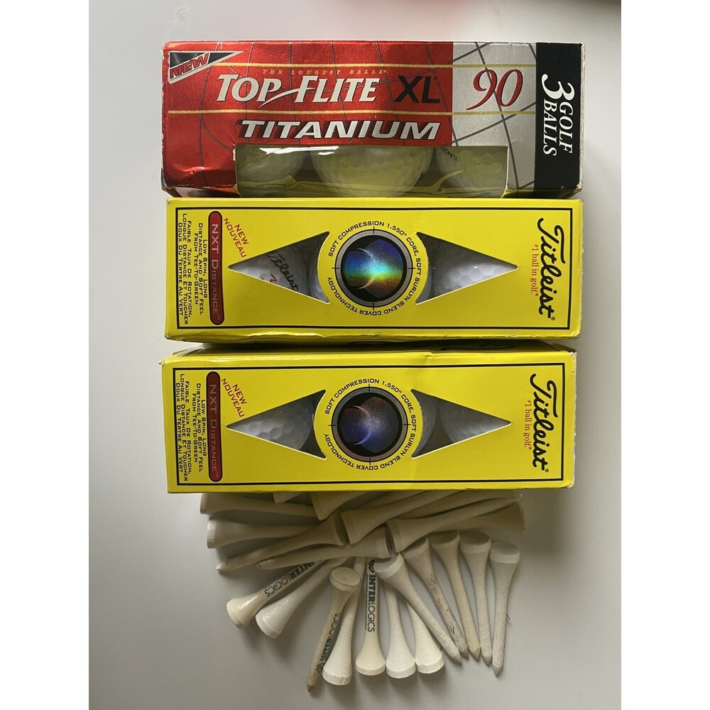 Titleist NXT Golf Balls 2 Packs of 3 Balls In Box 3rd Top Flite XL Box Plus Tees